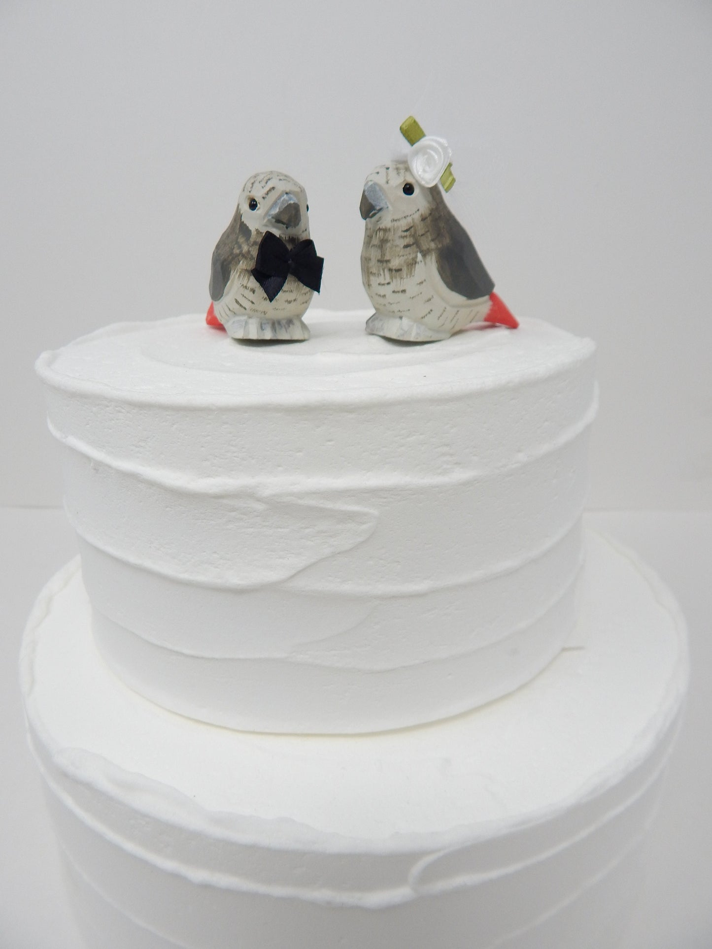 Grey African Parrot Love Bird Cake Topper Bride & Groom Wedding Engagement Anniversary Carved Wood Statue