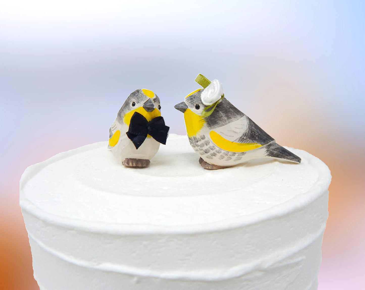 Yellow Rumped Warbler Bird Cake Topper Bride & Groom Love Wedding Engagement Anniversary Carved Wood Statue