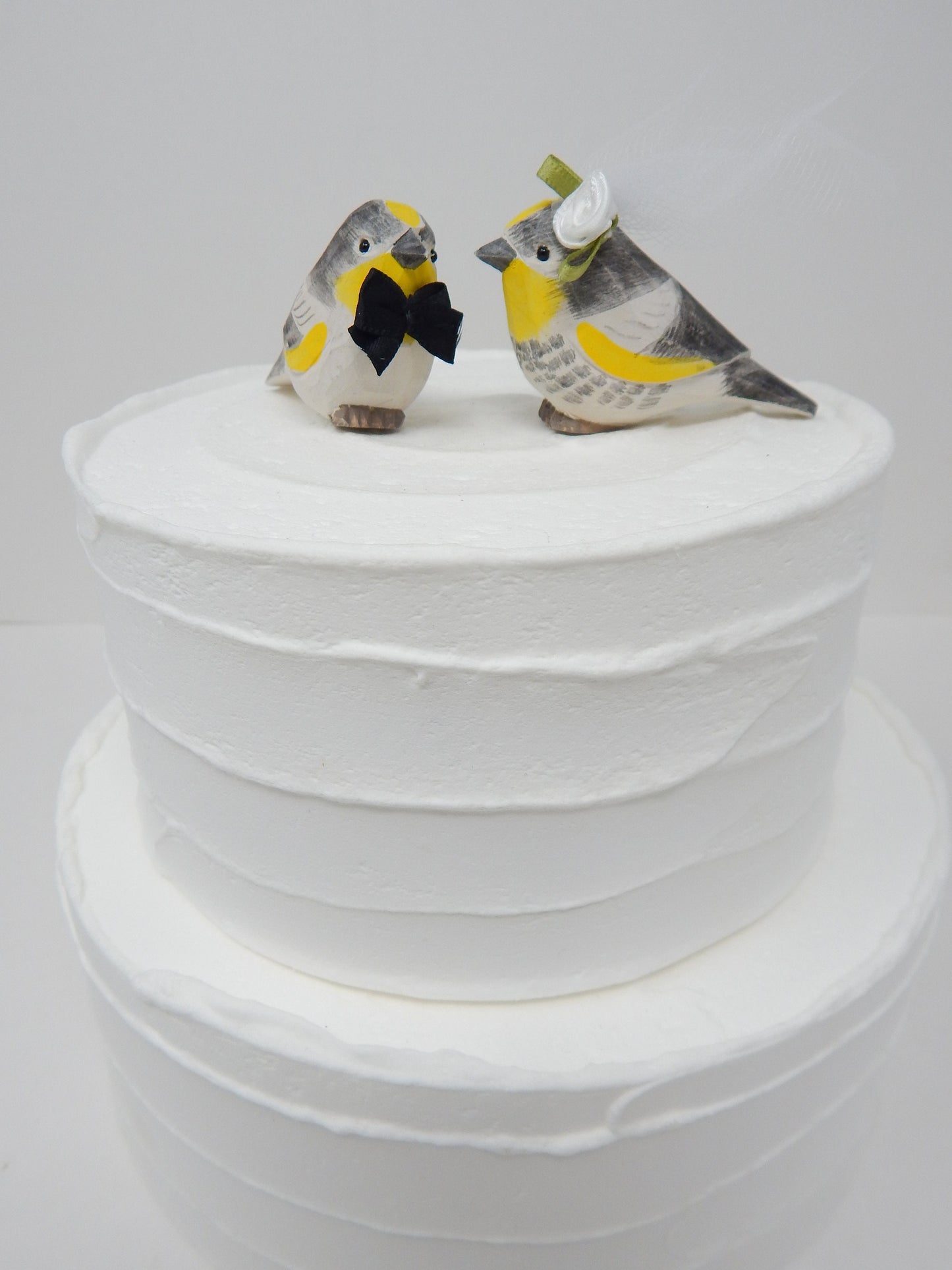 Yellow Rumped Warbler Bird Cake Topper Bride & Groom Love Wedding Engagement Anniversary Carved Wood Statue