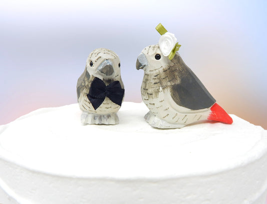 Grey African Parrot Love Bird Cake Topper Bride & Groom Wedding Engagement Anniversary Carved Wood Statue