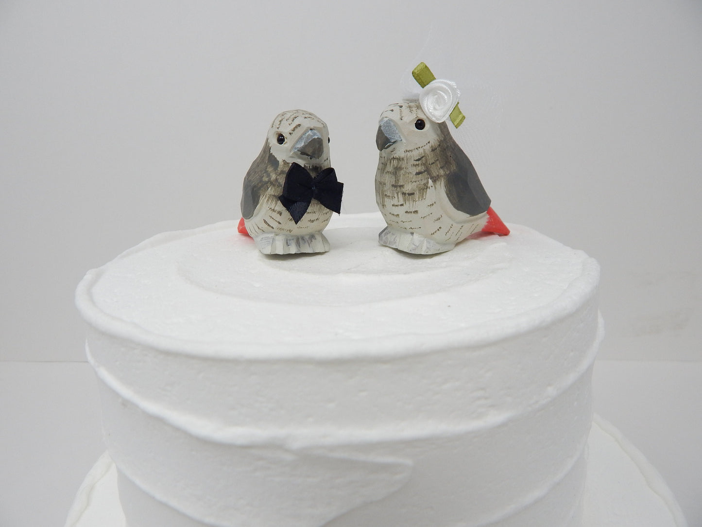 Grey African Parrot Love Bird Cake Topper Bride & Groom Wedding Engagement Anniversary Carved Wood Statue