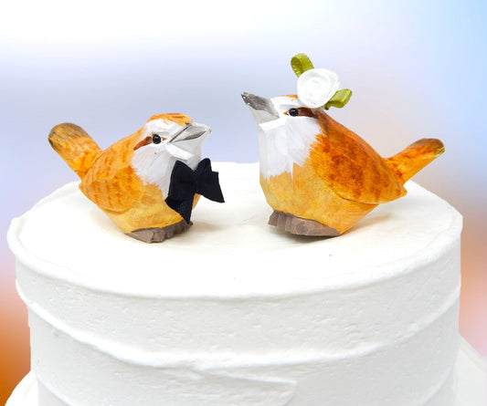 Carolina Wren Bird Cake Topper Bride & Groom Love Wedding Engagement Anniversary Carved Wood Statue