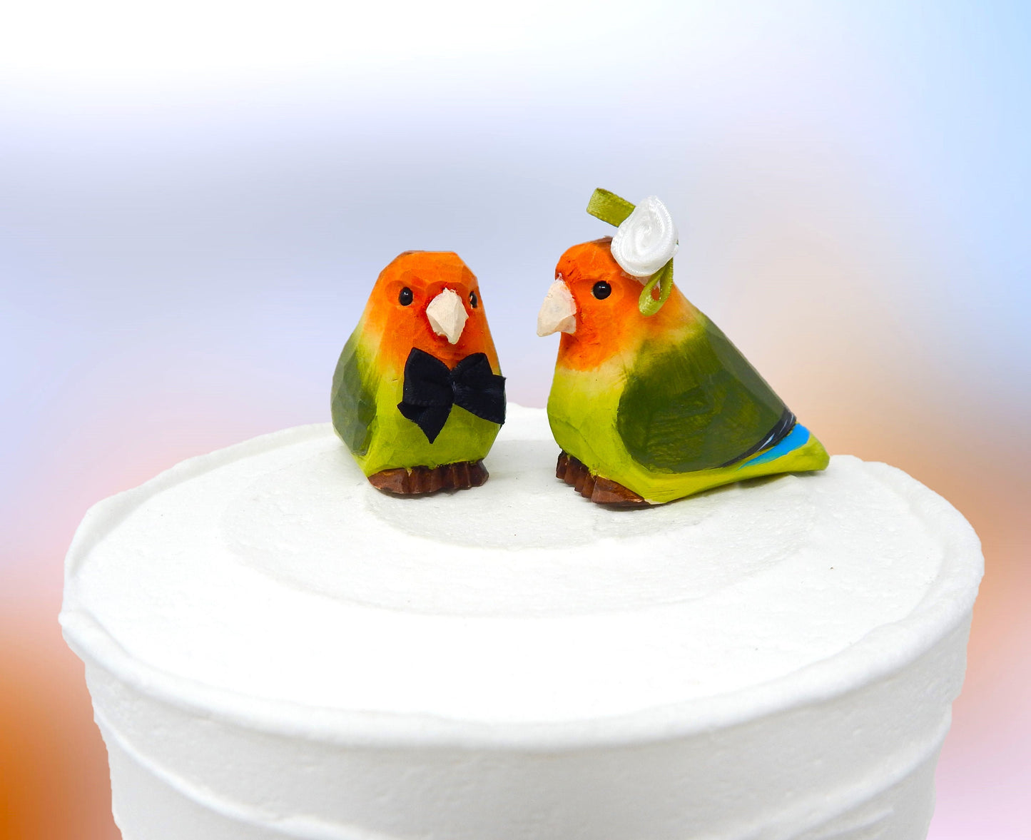 Lovebird Cake Topper Bride & Groom Bird Wedding Engagement Anniversary Carved Wood Statue