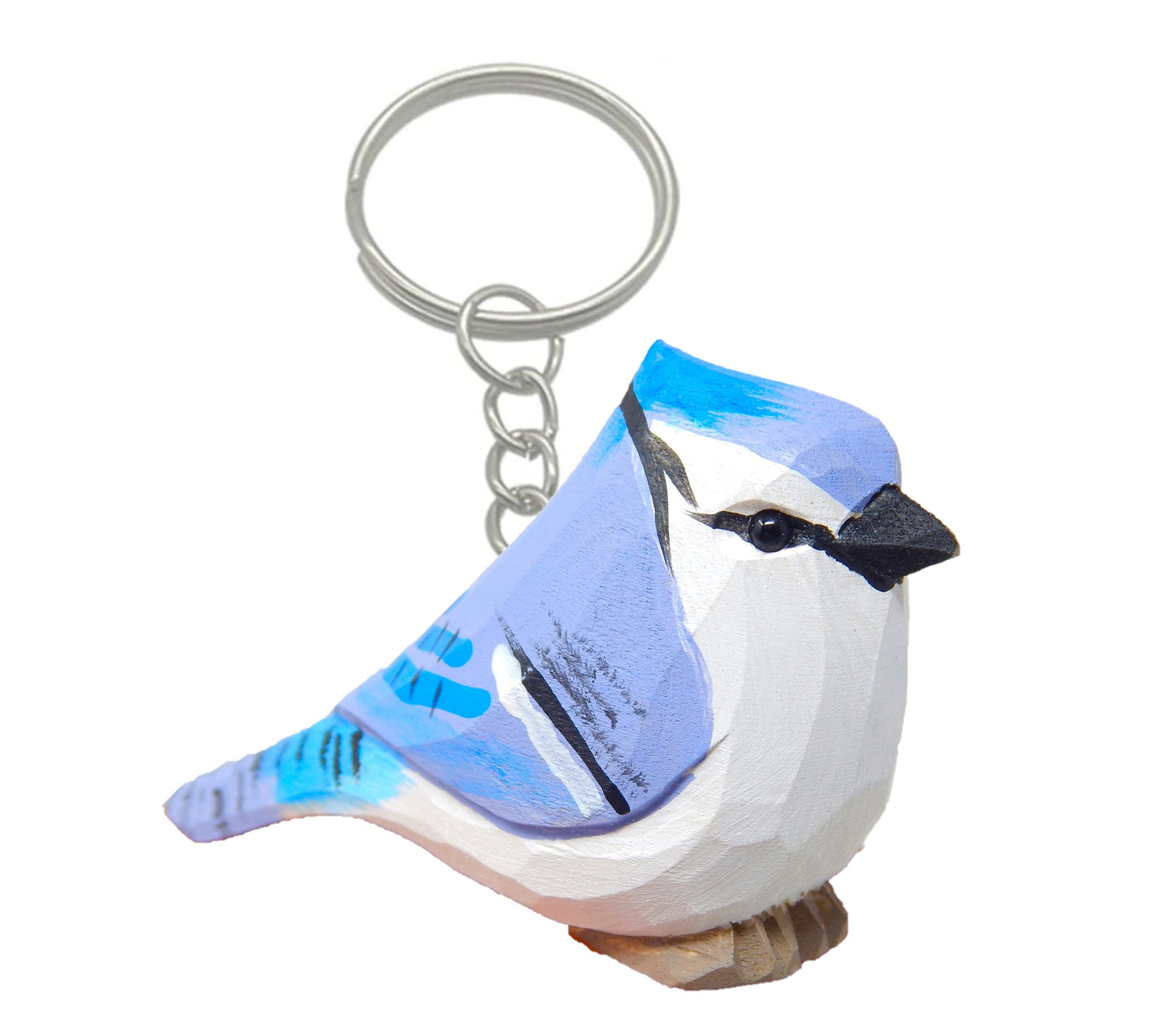 Blue Jay Keychain Ring Hook Clip Crested Jaybird Bird Charm Miniature Wood Mini Figurine Small Animal