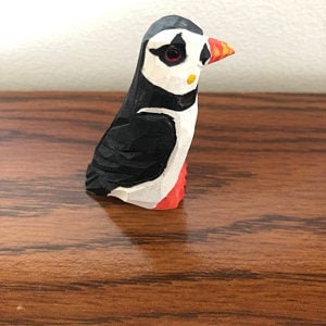 Hand-Painted Wooden Puffin Ornament – Recycled Arctic Bird Art Miniature Carving