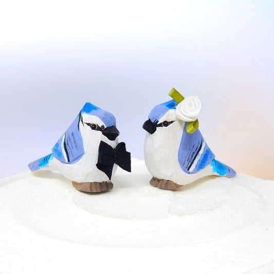 Blue Jay Bird Cake Topper Bride & Groom Love Wedding Engagement Anniversary Carved Wood Statue