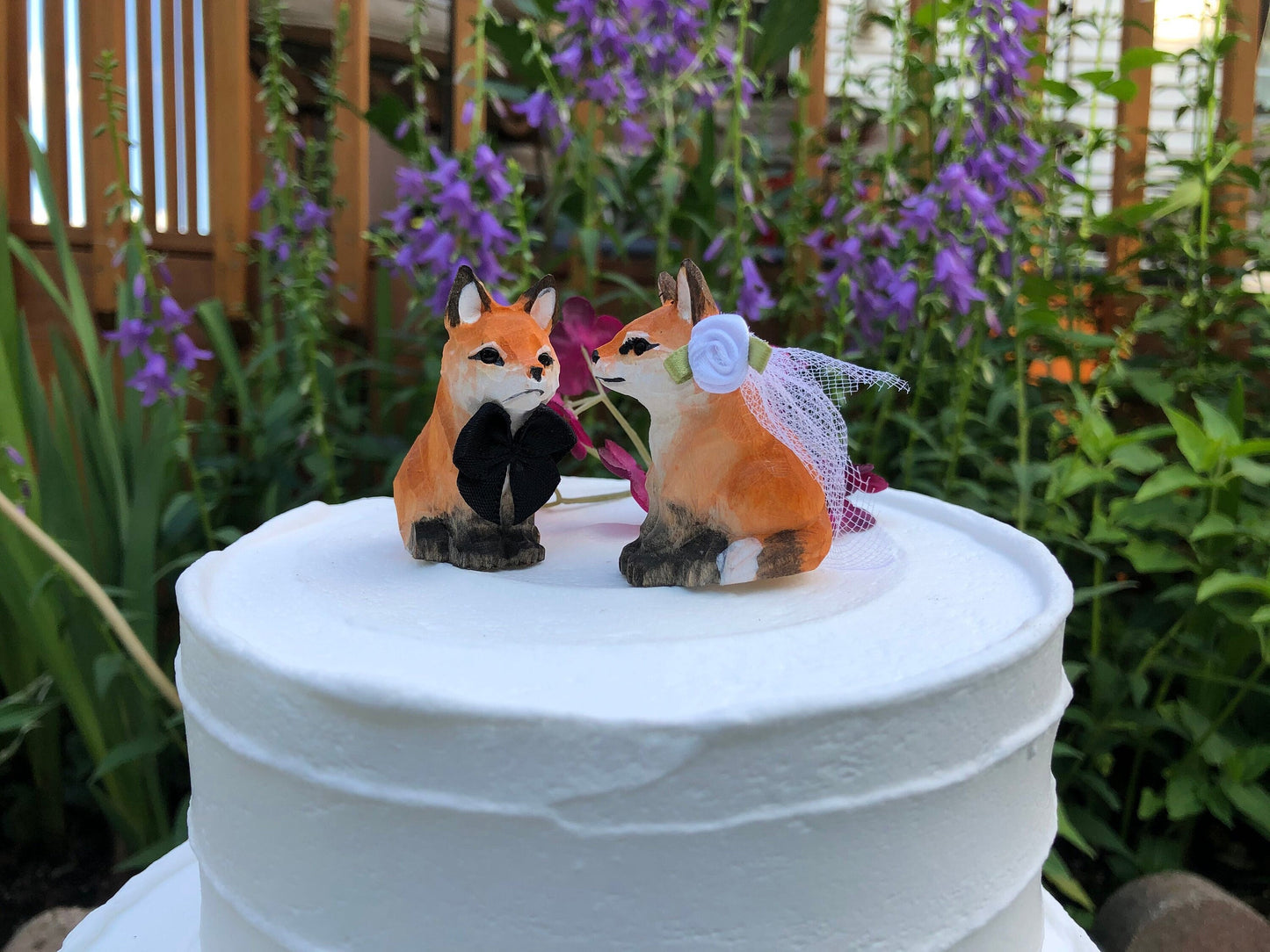 Fox Forest Cake Topper Bride & Groom Wedding Engagement Anniversary Carved Wood Statue