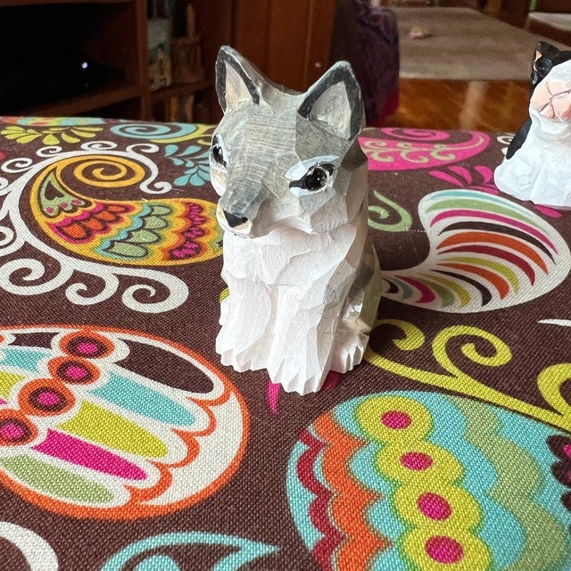 Gray Wolf Small Wood Art Figurine Handmade Statue Art Carving Sculpture Decor Small Animal