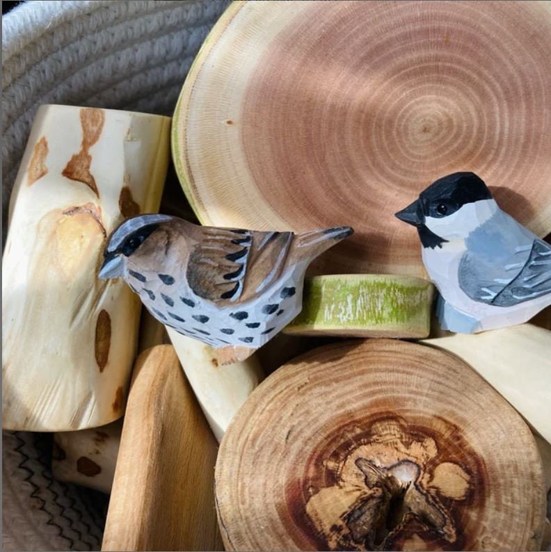 Chickadee - Wood Figurine Bird Black-Capped Chick Tit Miniature Chestnut Carolina Handmade Songbird Art Carved Small Animals Collectible