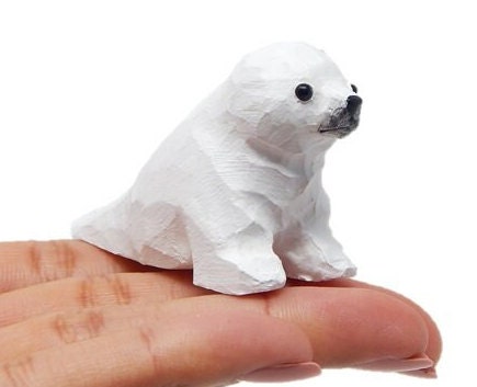 White Seal Figurine Statue Baby Pup Small Animal Sculpture Art Home Decoration Wood Carved