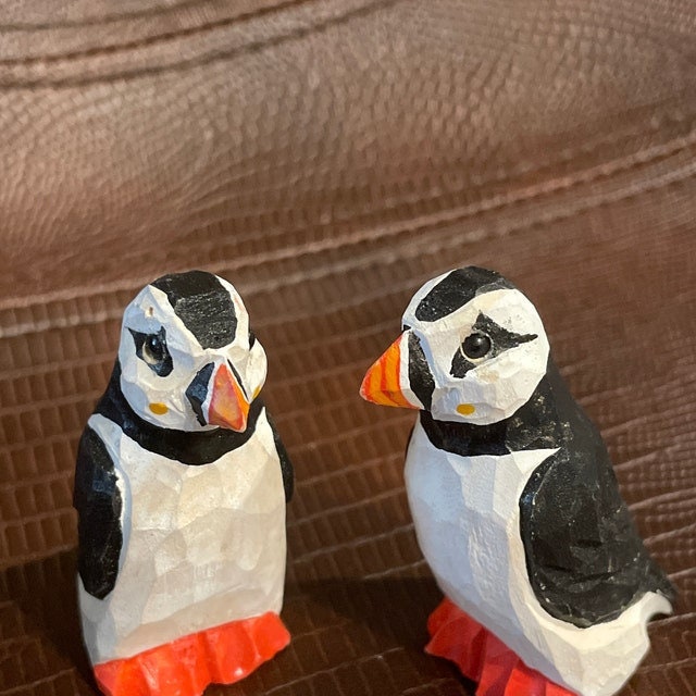 Hand-Painted Wooden Puffin Ornament – Recycled Arctic Bird Art Miniature Carving