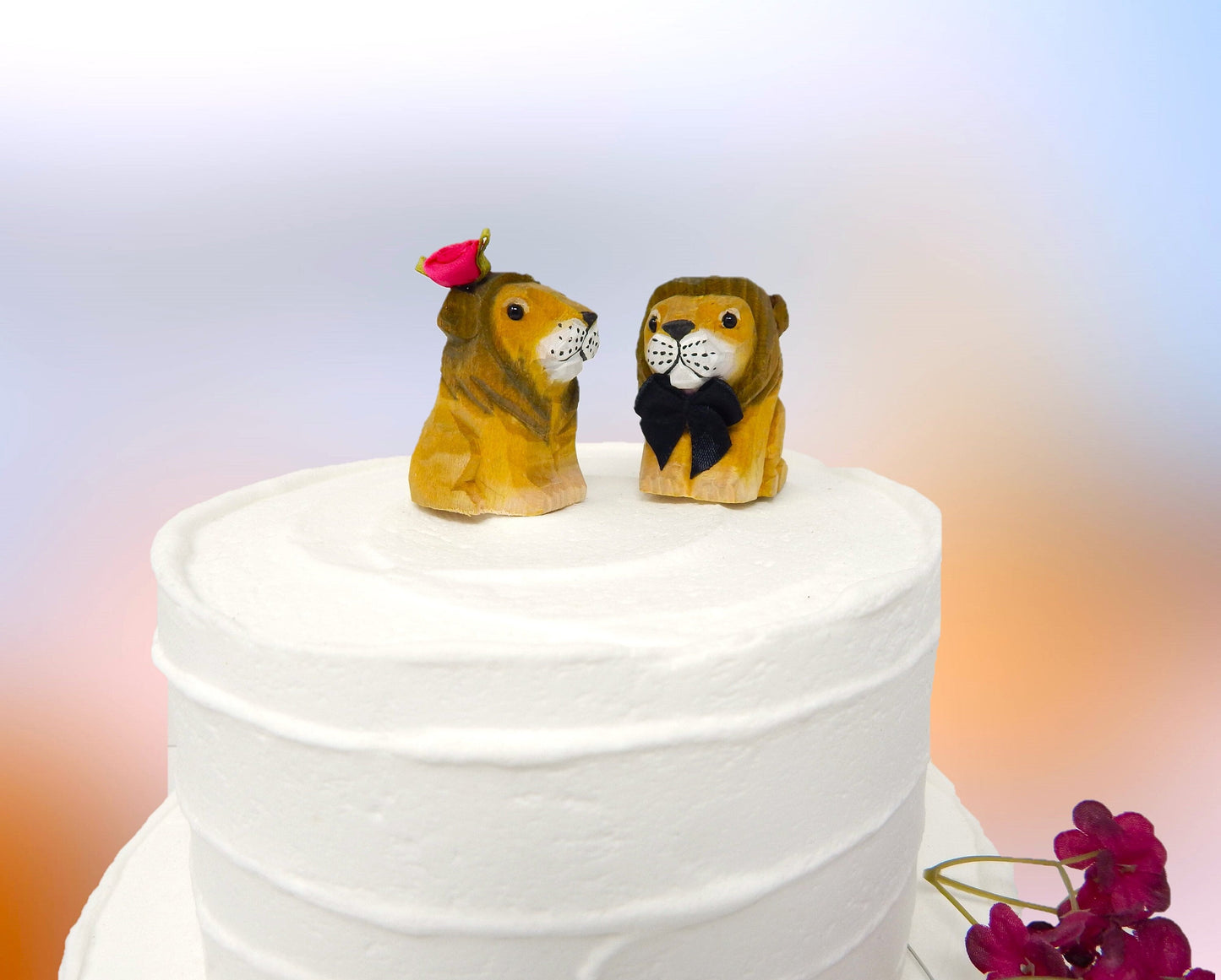 Lion & Lioness Wedding Cake Topper Love Bride Groom Engagement Anniversary Carved Wood Statue