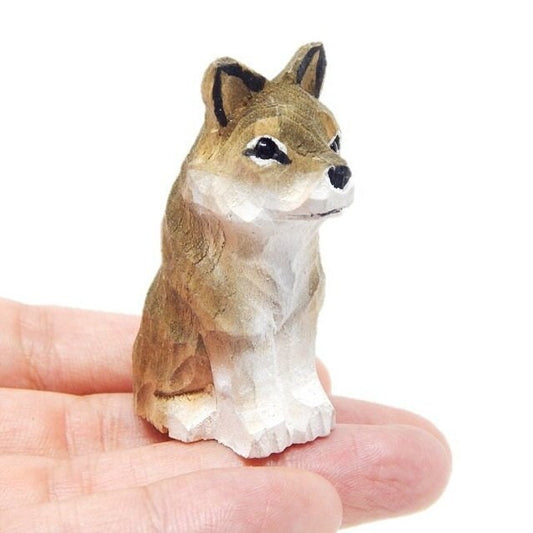 Gray Wolf Small Wood Art Figurine Handmade Statue Art Carving Sculpture Decor Small Animal