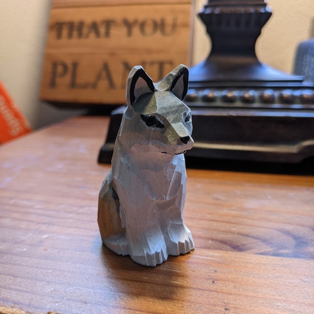 Gray Wolf Small Wood Art Figurine Handmade Statue Art Carving Sculpture Decor Small Animal