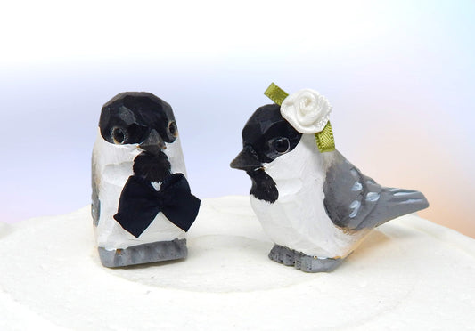 Chickadee Bird Cake Topper Bride & Groom Love Wedding Engagement Anniversary Carved Wood Statue