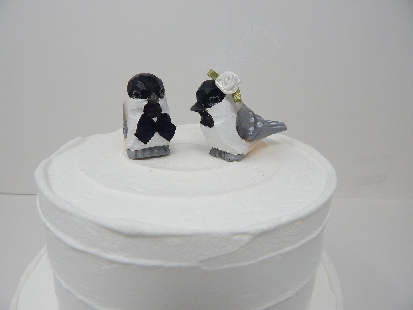 Chickadee Bird Cake Topper Bride & Groom Love Wedding Engagement Anniversary Carved Wood Statue