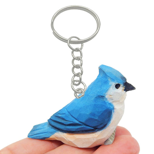 Tufted Titmouse Bird Keychain Ring Hook Clip Blue Jay Charm Miniature Wood Mini Figurine Small Animal