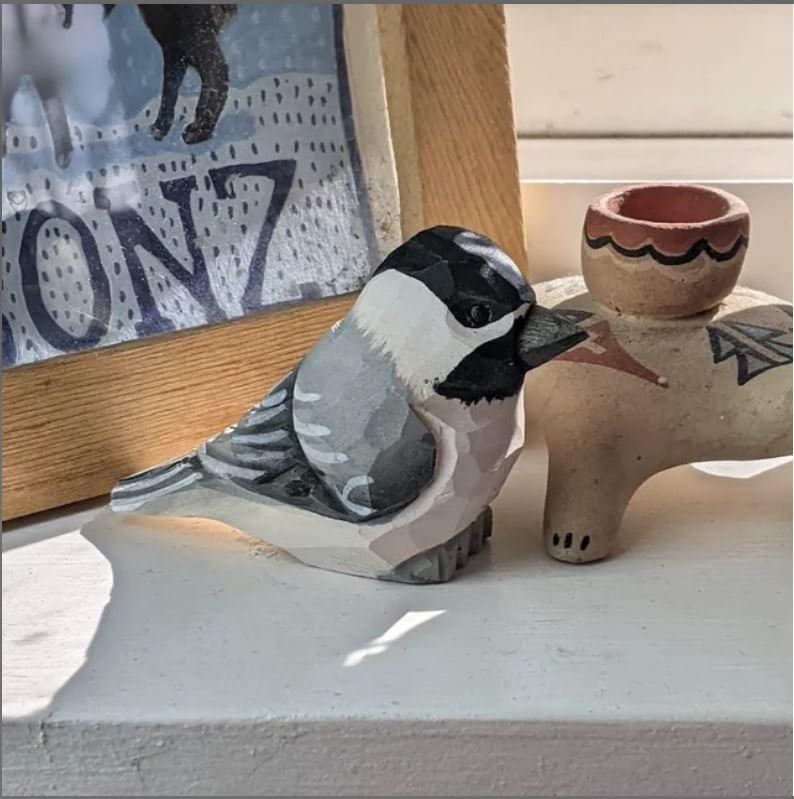 Chickadee Wine Stopper Wooden Figurine | Hand Carved Black-Capped Bird Figurine