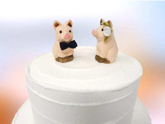 Pig Cake Topper Bride & Groom Love Farm Barn Wedding Engagement Anniversary Carved Wood Statue