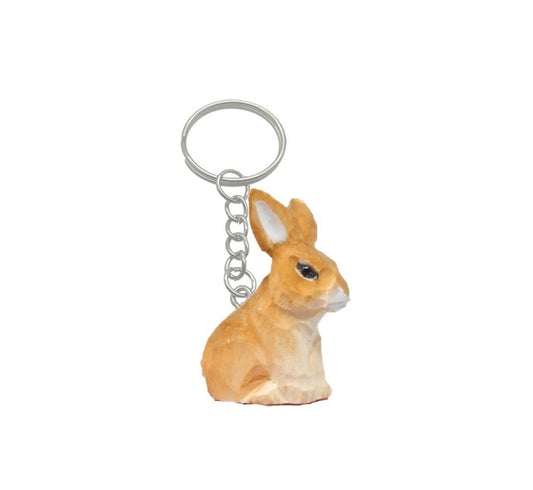 Brown Rabbit Bunny Keychain Ring Hook Clip Charm Miniature Wood Mini Figurine Small Animal