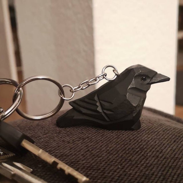 Raven Crow Black Bird Keychain Ring Hook Clip Charm Miniature Wood Mini Figurine Small Animal