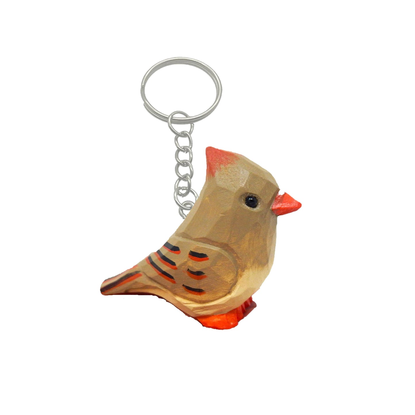Hand-Carved Female Cardinal Keychain: Hook Clip Miniature Wooden Red Bird Figurine