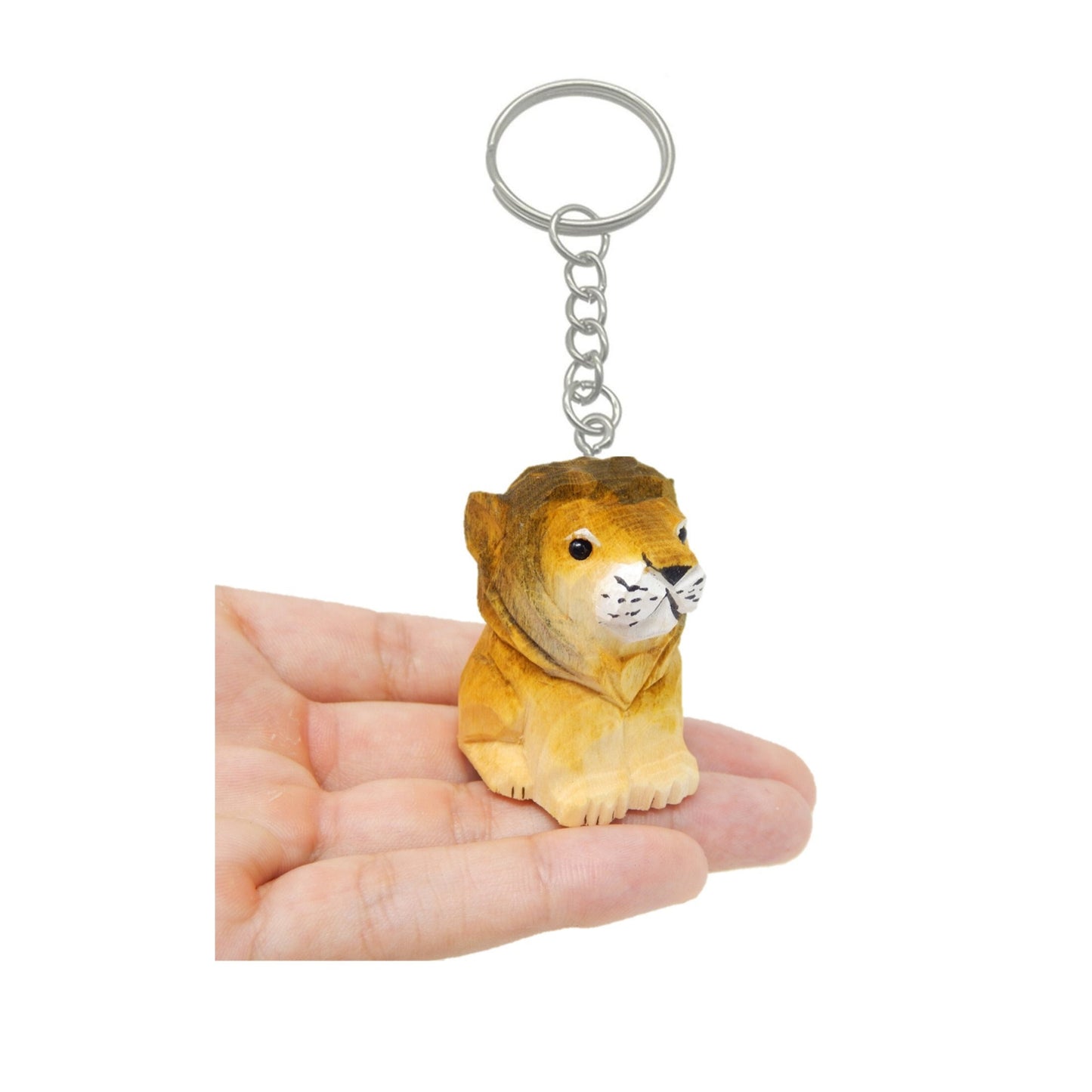 Lion Keychain Ring Hook Clip Charm Miniature Wood Mini Figurine Small Animal Male Mane Big Cat King Feline