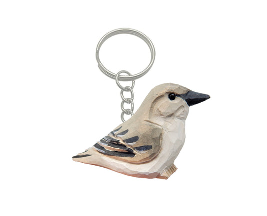 Mockingbird Keychain Ring Hook Clip Gray Bird Charm Miniature Wood Mini Figurine Small Animal