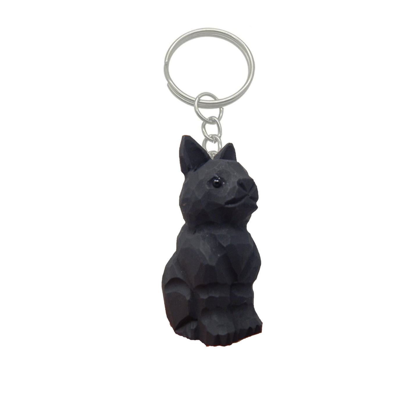 Black Cat Keychain Ring Hook Clip Charm Miniature Wood Mini Figurine Small Animal