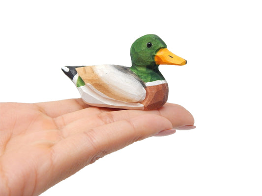 Mallard Wooden Duck Figurine - Drake Male Miniature Bird Statue Green Head Handmade Carving Home Decor Decoration Decoy Small Animals