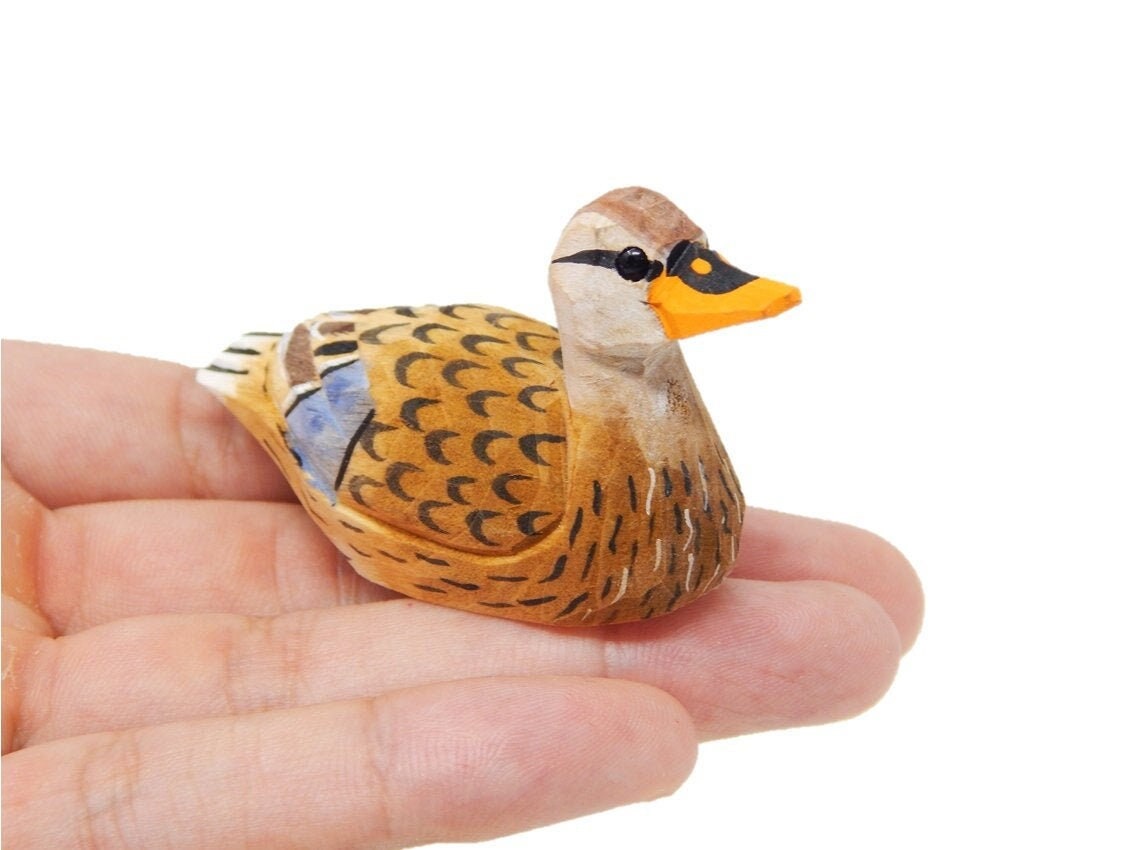 Female Mallard Wooden Duck Figurine - Brown Miniature Bird Statue Handmade Carving Home Decor Decoy Small Animals