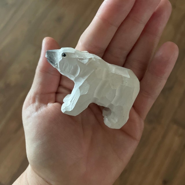 White Polar Bear - Small 2" Wooden Figurine - Arctic North Pole Snow Antarctica Carving Hand-Made Decoration Miniature Animals Woodwork