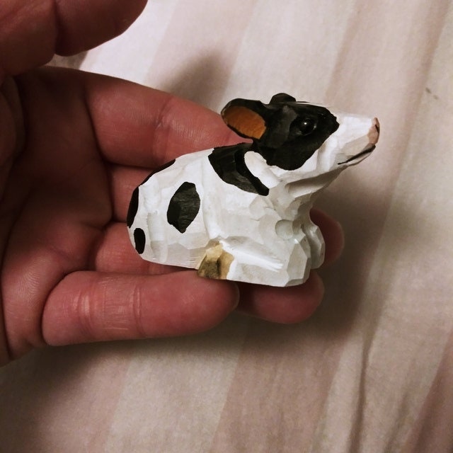 Spotted Cow Ornament Hanging Figurine | Hand Wooden Carved Farm Animal Collectible