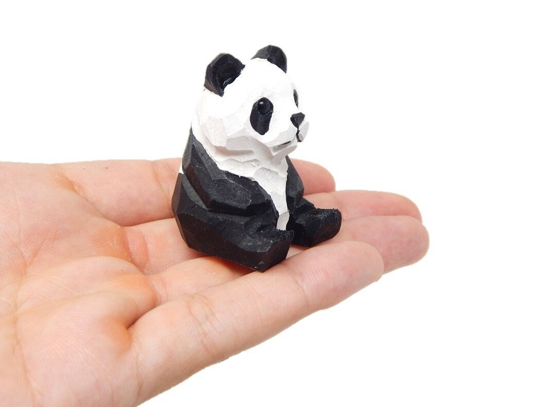 Panda Bear Small Wooden Figurine Statue Carving Handmade Decor Miniature Animals