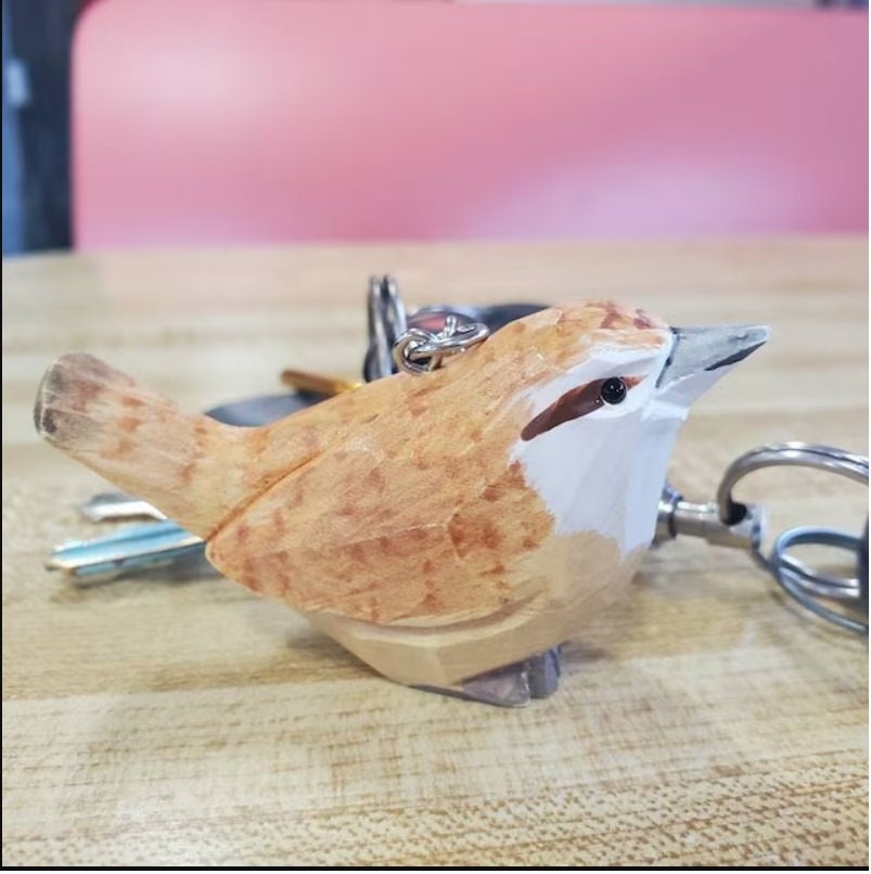 Carolina Wren Hand-Carved Wooden Ornament, Recycled Wood Bird Figurine, Miniature Art Craft