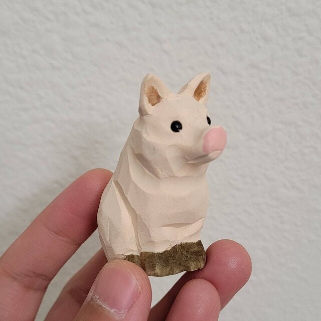 Pig - Small Wooden Figure - Miniature Barn Animal Toys Hand Carved Home Decor Folk Ornament Ranch Minifigure Pink