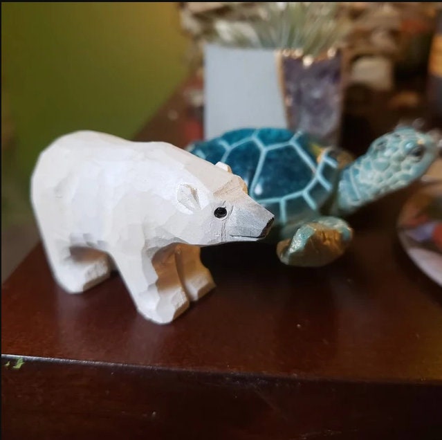 White Polar Bear - Small 2" Wooden Figurine - Arctic North Pole Snow Antarctica Carving Hand-Made Decoration Miniature Animals Woodwork