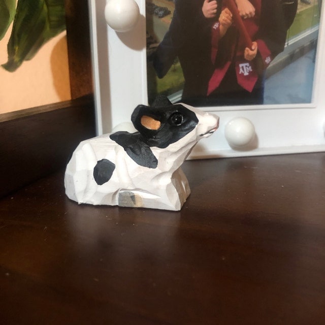 Spotted Cow Wine Stopper Wooden Figurine | Hand Carved Farm Animal Collectible