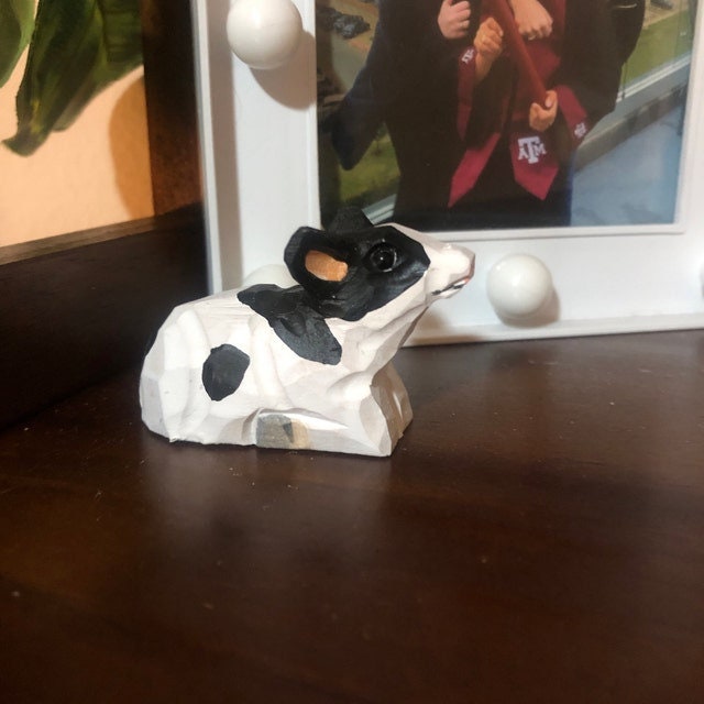 Spotted Cow Ornament Hanging Figurine | Hand Wooden Carved Farm Animal Collectible