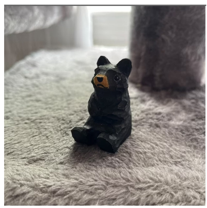 Black Bear Figurine Wood Carving Miniature Decor Statue Art Craft Small Animal