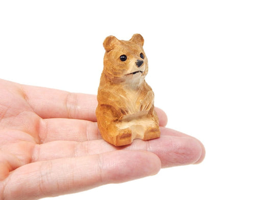 Brown Bear Figurine - Small 2" Wooden Carving Handmade Decoration Miniature Animal Grizzly Forest Statue Art Craft