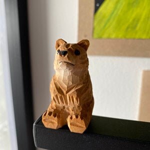 Brown Bear Figurine - Small 2" Wooden Carving Handmade Decoration Miniature Animal Grizzly Forest Statue Art Craft