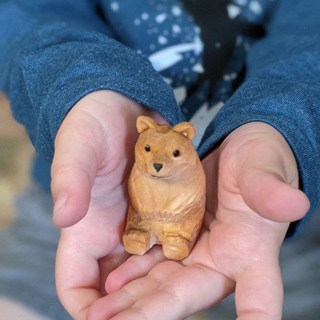 Brown Bear Figurine - Small 2" Wooden Carving Handmade Decoration Miniature Animal Grizzly Forest Statue Art Craft