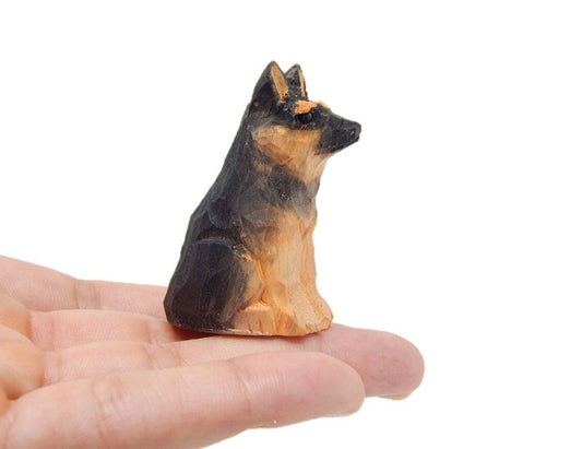 German Shepherd Handmade Wood Figurine - Dog Puppy Small Animal Carving Statue Decoration