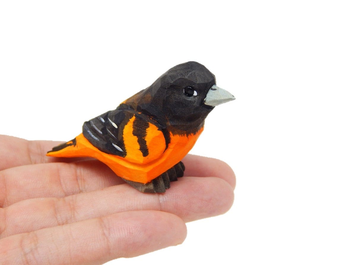 Hand-Carved Wooden Oriole Bird Ornament – Miniature Songbird Decor