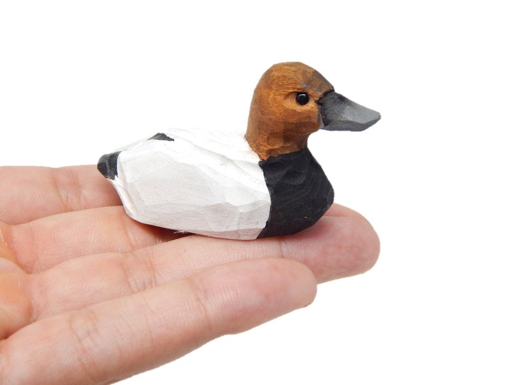 Canvasback Wooden Duck Figurine - Miniature Bird Statue Handmade Carving Home Decor Decoration Decoy Small Animals