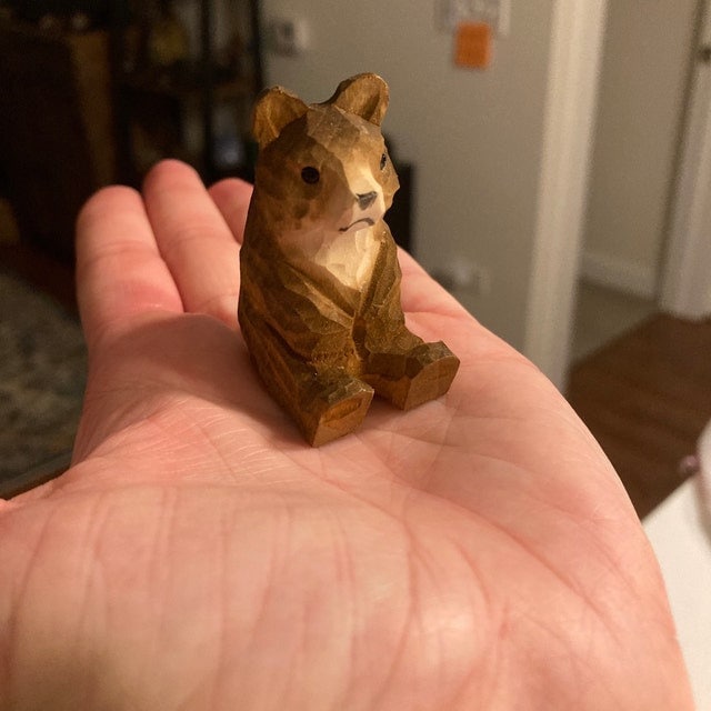 Brown Bear Figurine - Small 2" Wooden Carving Handmade Decoration Miniature Animal Grizzly Forest Statue Art Craft