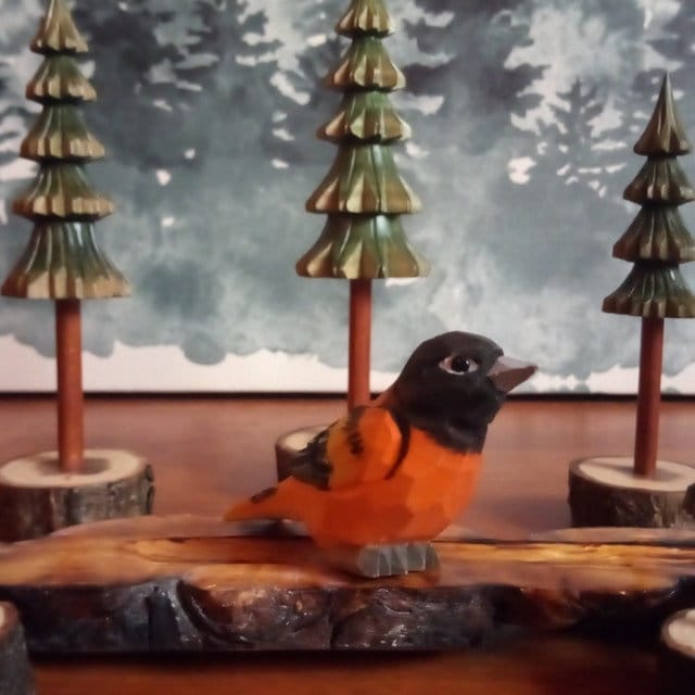 Hand-Carved Wooden Oriole Bird Ornament – Miniature Songbird Decor