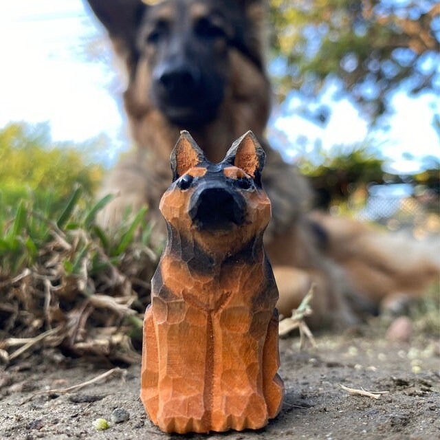 German Shepherd Handmade Wood Figurine - Dog Puppy Small Animal Carving Statue Decoration