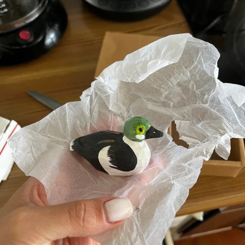 Handmade Wooden Goldeneye Duck Ornament: Small Hanging Carved Figurine